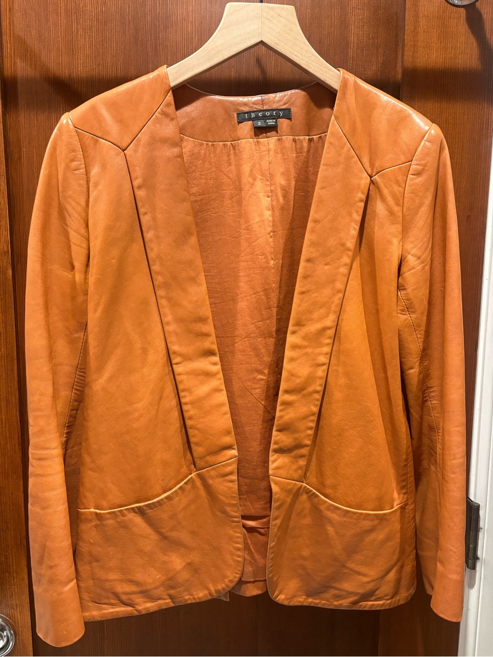 Theory Open-Front Leather Blazer in Cognac